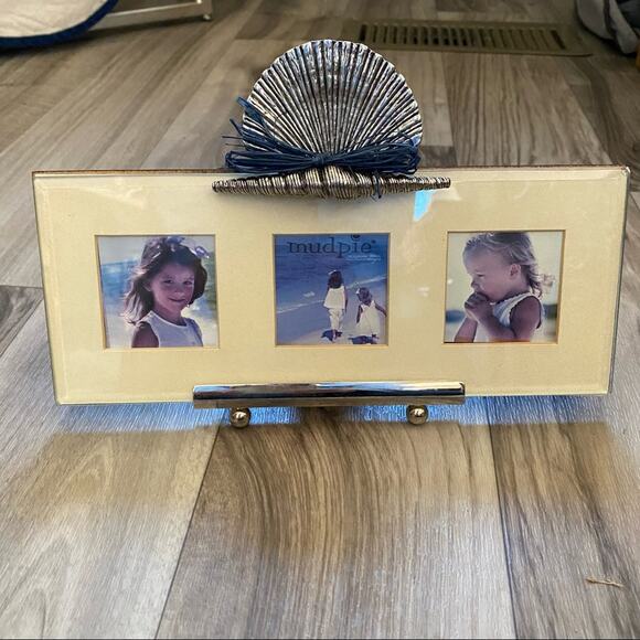 Mudpie Silver Shells Beachy Bevel Edge Glass 3-Photo Frame Easel Back 4”x10” - Picture 1 of 8